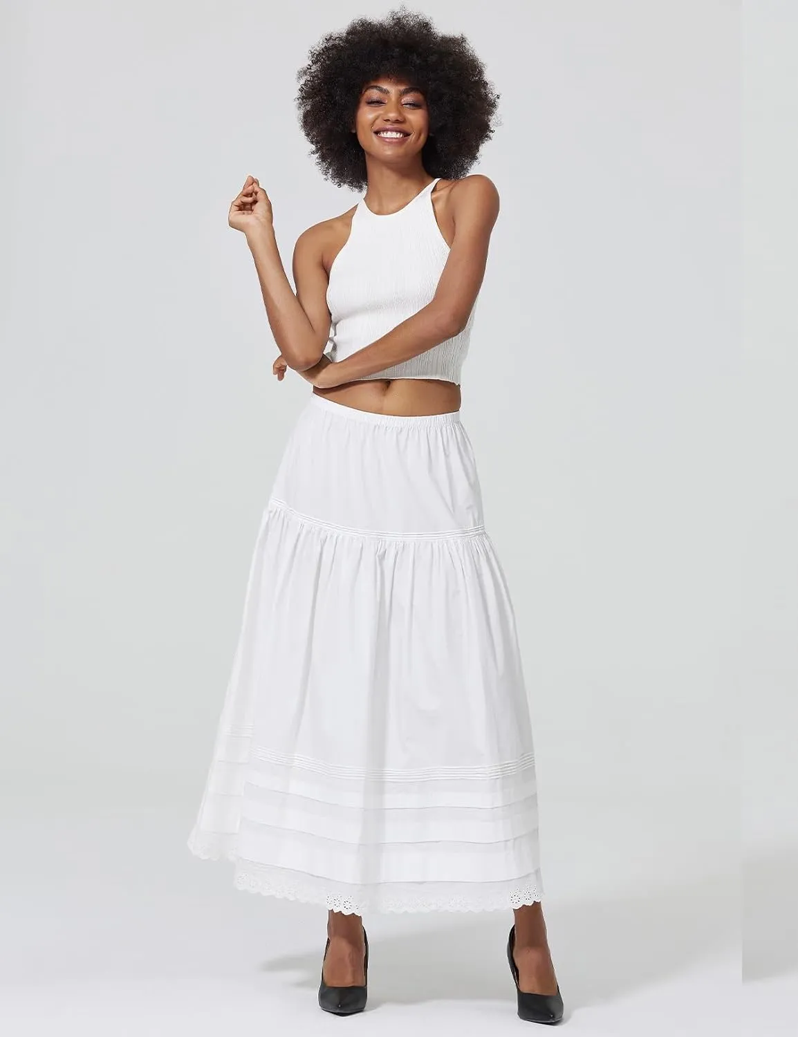 100% Cotton Women White Maxi Skirt Elastic Waist Peasant A Line Flowy Swing Lace Skirt Dress No Lining