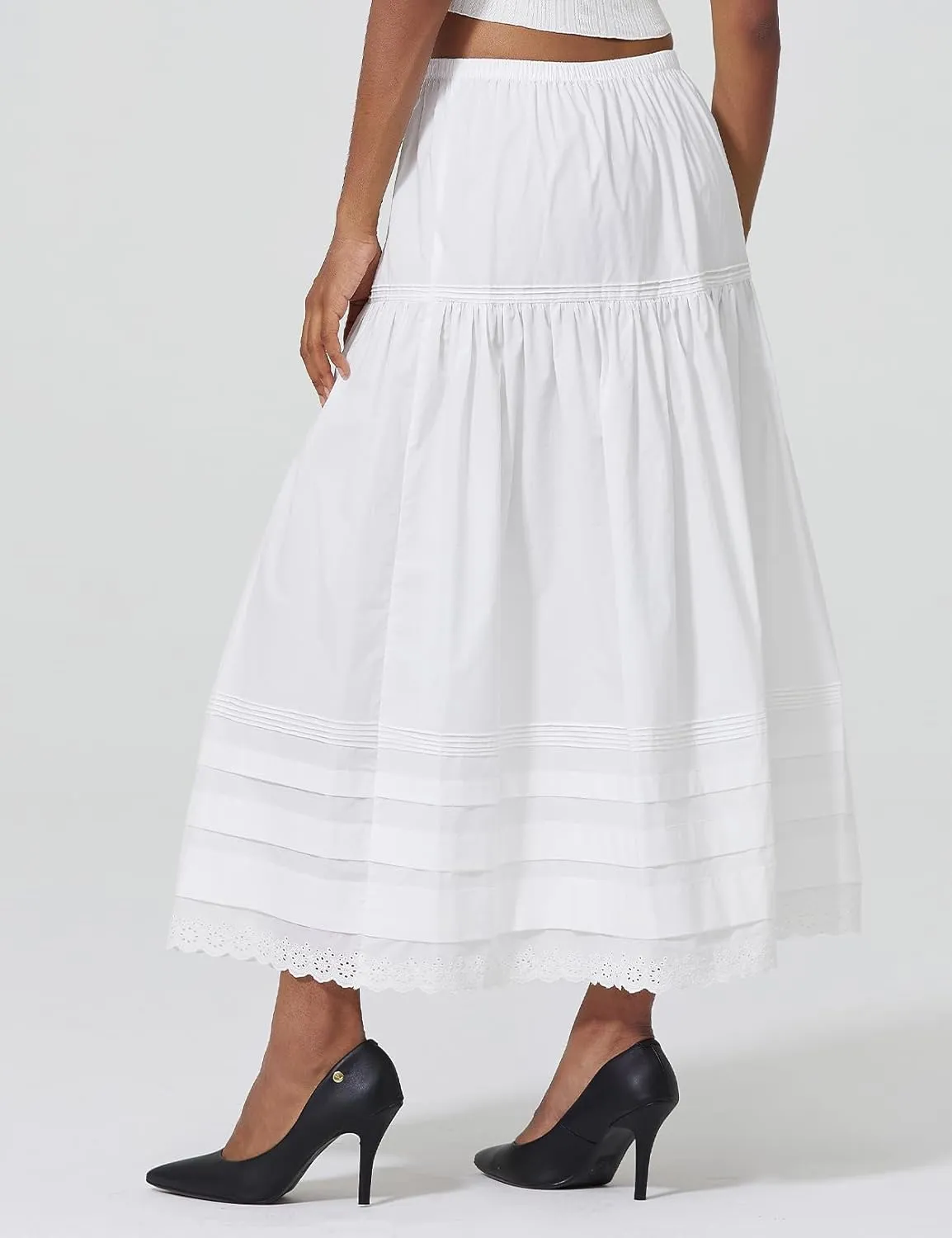 100% Cotton Women White Maxi Skirt Elastic Waist Peasant A Line Flowy Swing Lace Skirt Dress No Lining