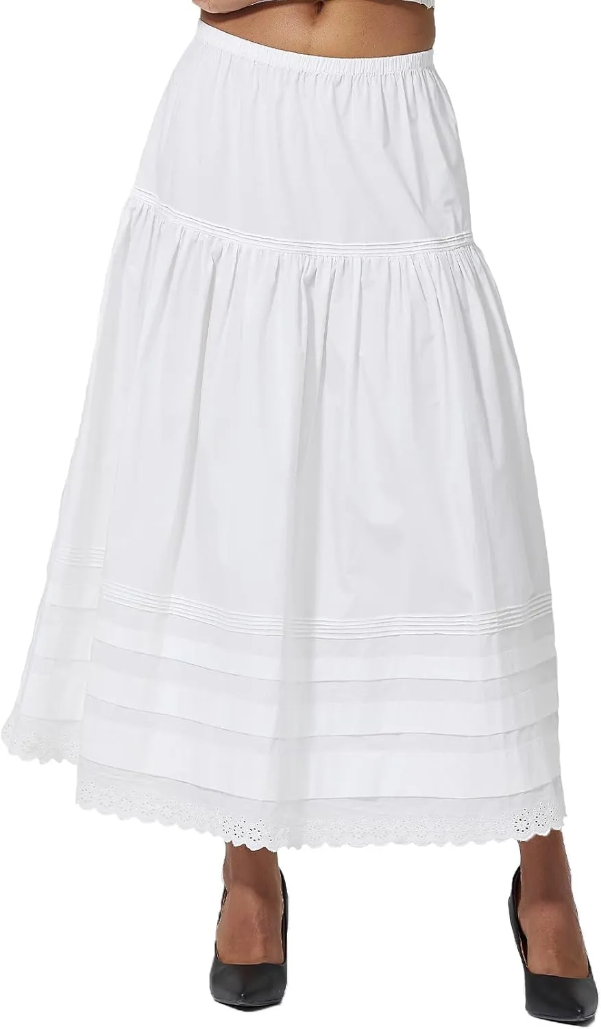100% Cotton Women White Maxi Skirt Elastic Waist Peasant A Line Flowy Swing Lace Skirt Dress No Lining