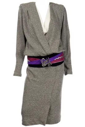 1980s Norma Walters 2 Pc Vintage Black & White Dress With Colorful Belt