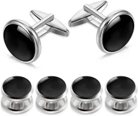6pcs Mens Cufflinks Tuxedo Studs and Cufflinks Set Elegant Men's Cuff Links for Business, Wedding, Formal Suit Accessories - Black Copper Cufflinks for Men