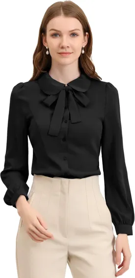 Allegra K Women's Peter Pan Collar Blouse Bow Tie Neck Vintage Button Up Shirt Medium Black