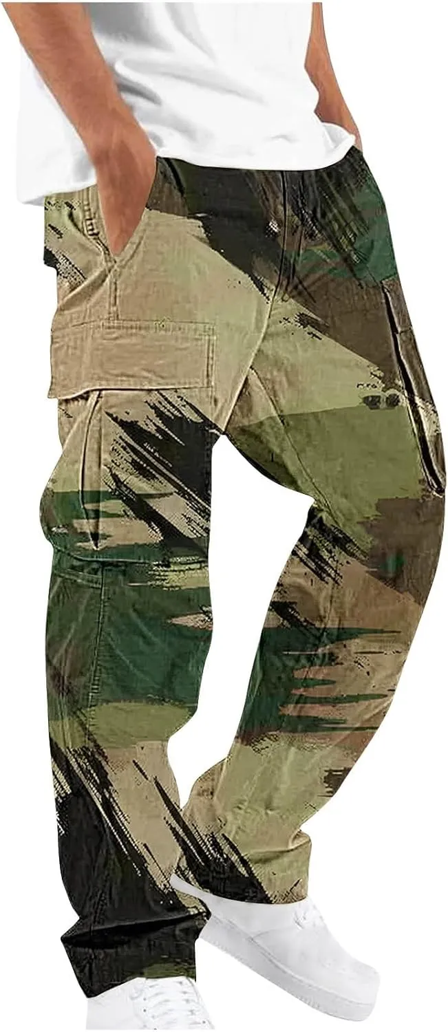 Camo Pants for Mens Outdoor Training Sport Loose Breathable Cargo Trousers Elastic Waist Drawstring Straight Leg Pant