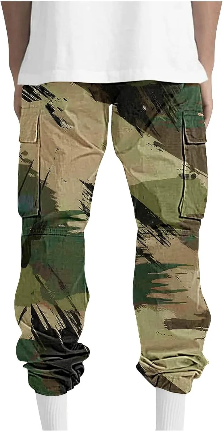 Camo Pants for Mens Outdoor Training Sport Loose Breathable Cargo Trousers Elastic Waist Drawstring Straight Leg Pant