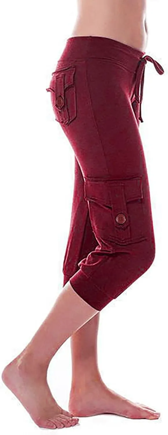 Capri Pants for Women Cropped Yoga Workout Leggings Casual Stretchy Drawstring Jogger Capris with Cargo Pockets