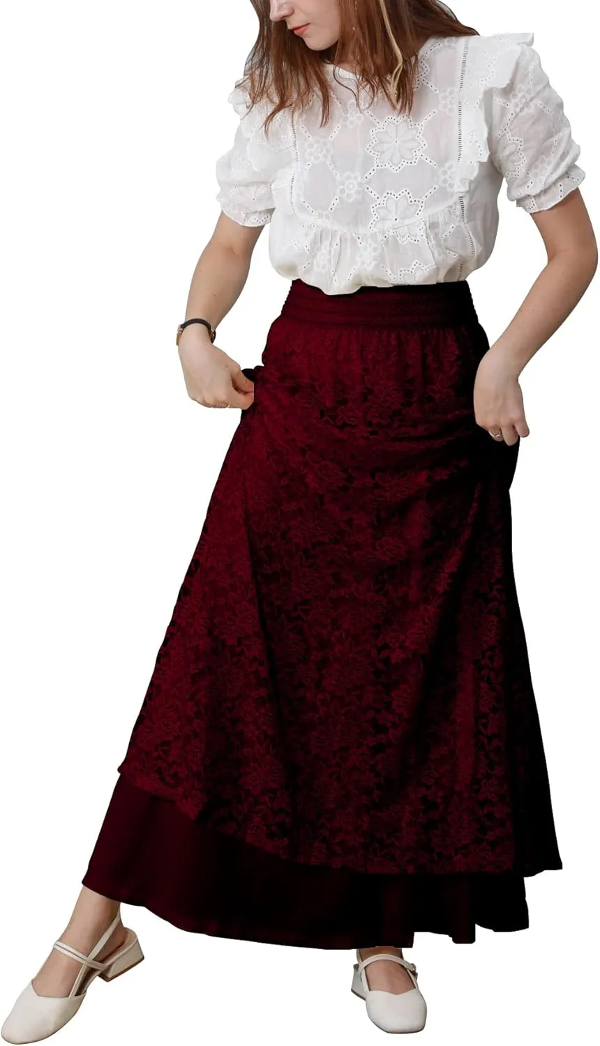 CHARTOU Womens Elegant Floral Lace Elastic High Waist Pleated Maxi Long Beach Skirts