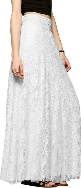 CHARTOU Womens Elegant Floral Lace Elastic High Waist Pleated Maxi Long Beach Skirts