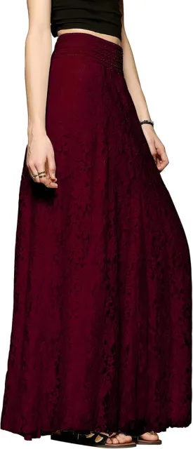 CHARTOU Womens Elegant Floral Lace Elastic High Waist Pleated Maxi Long Beach Skirts
