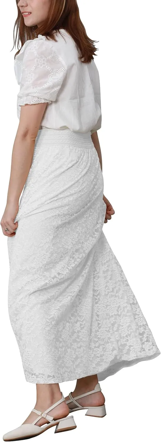 CHARTOU Womens Elegant Floral Lace Elastic High Waist Pleated Maxi Long Beach Skirts