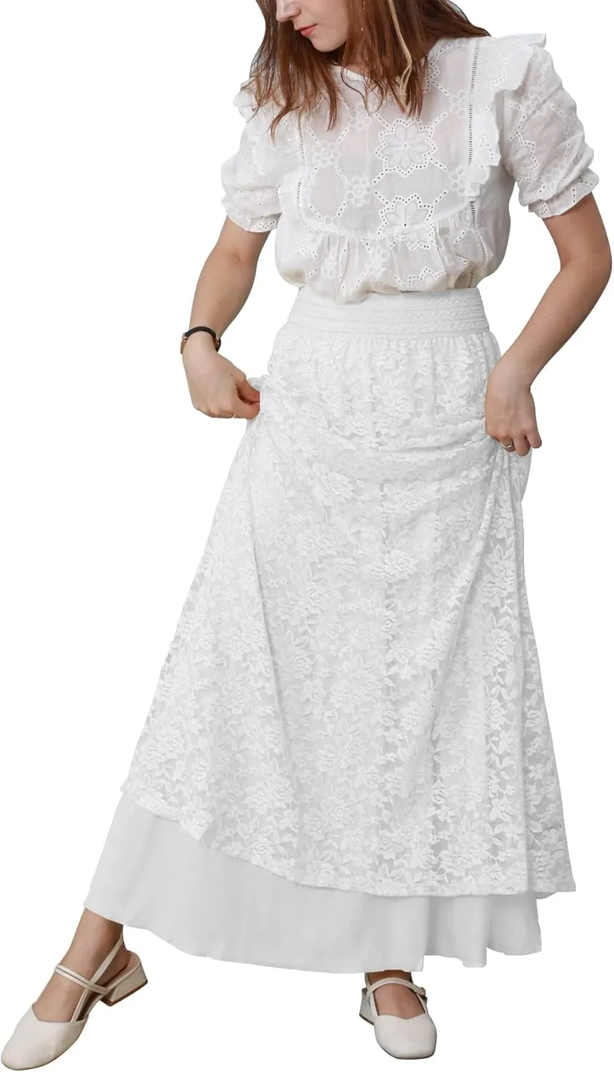 CHARTOU Womens Elegant Floral Lace Elastic High Waist Pleated Maxi Long Beach Skirts