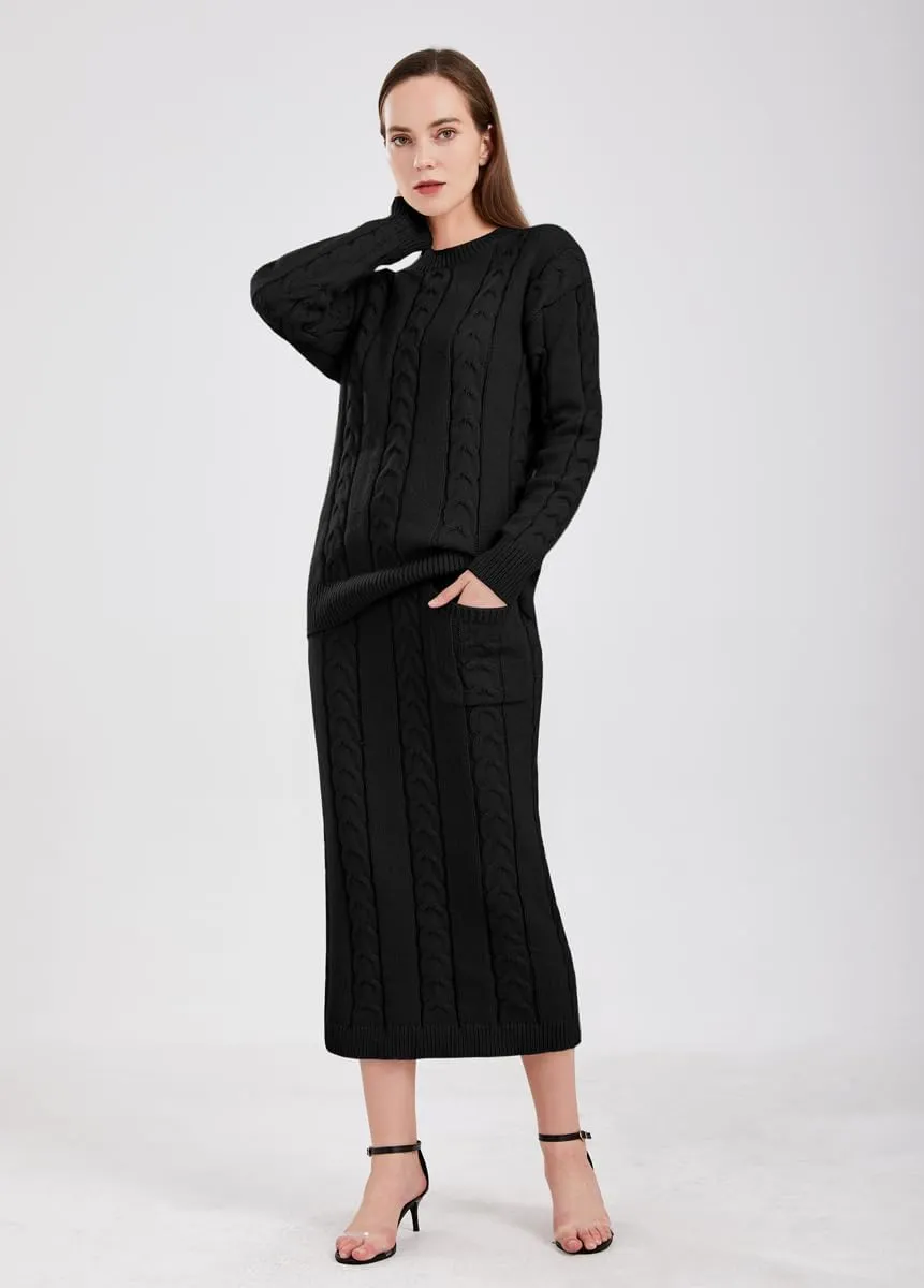 chouyatou Women Winter Casual Chunky Cable Knit Long Pencil Skirt 2 Piece Outfit Oversized Pullover Sweater Sets