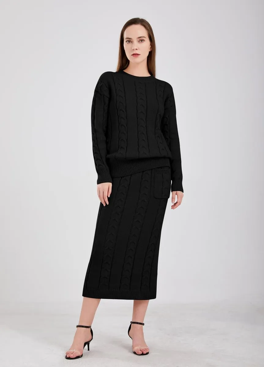 chouyatou Women Winter Casual Chunky Cable Knit Long Pencil Skirt 2 Piece Outfit Oversized Pullover Sweater Sets