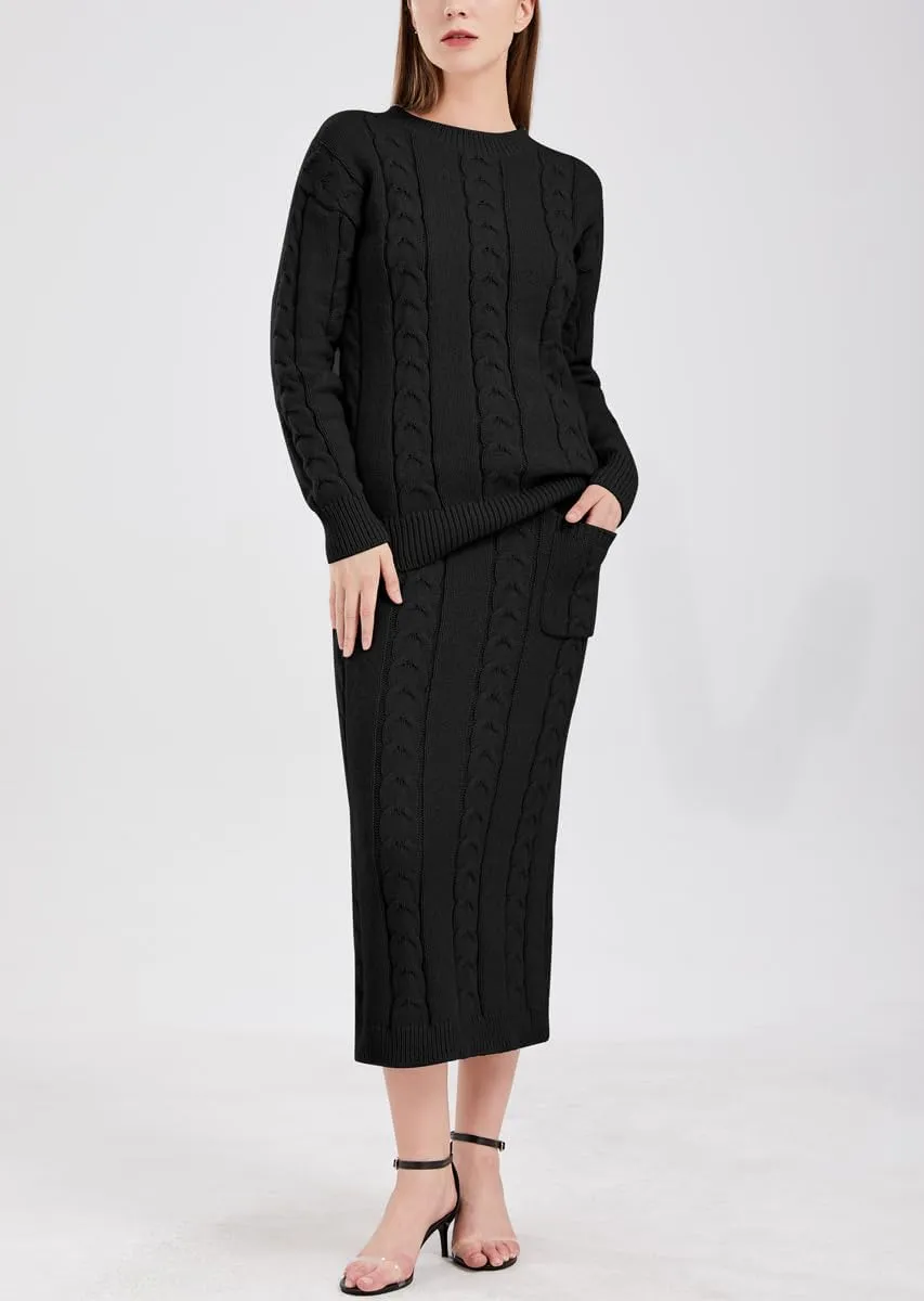 chouyatou Women Winter Casual Chunky Cable Knit Long Pencil Skirt 2 Piece Outfit Oversized Pullover Sweater Sets