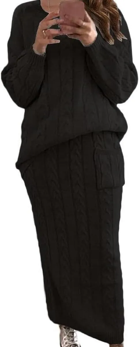 chouyatou Women Winter Casual Chunky Cable Knit Long Pencil Skirt 2 Piece Outfit Oversized Pullover Sweater Sets