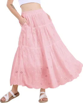 chouyatou Women's Lace Embroidery Eyelet Boho Skirt High Elastic Waisted Flowy Swing Midi Long Skirt