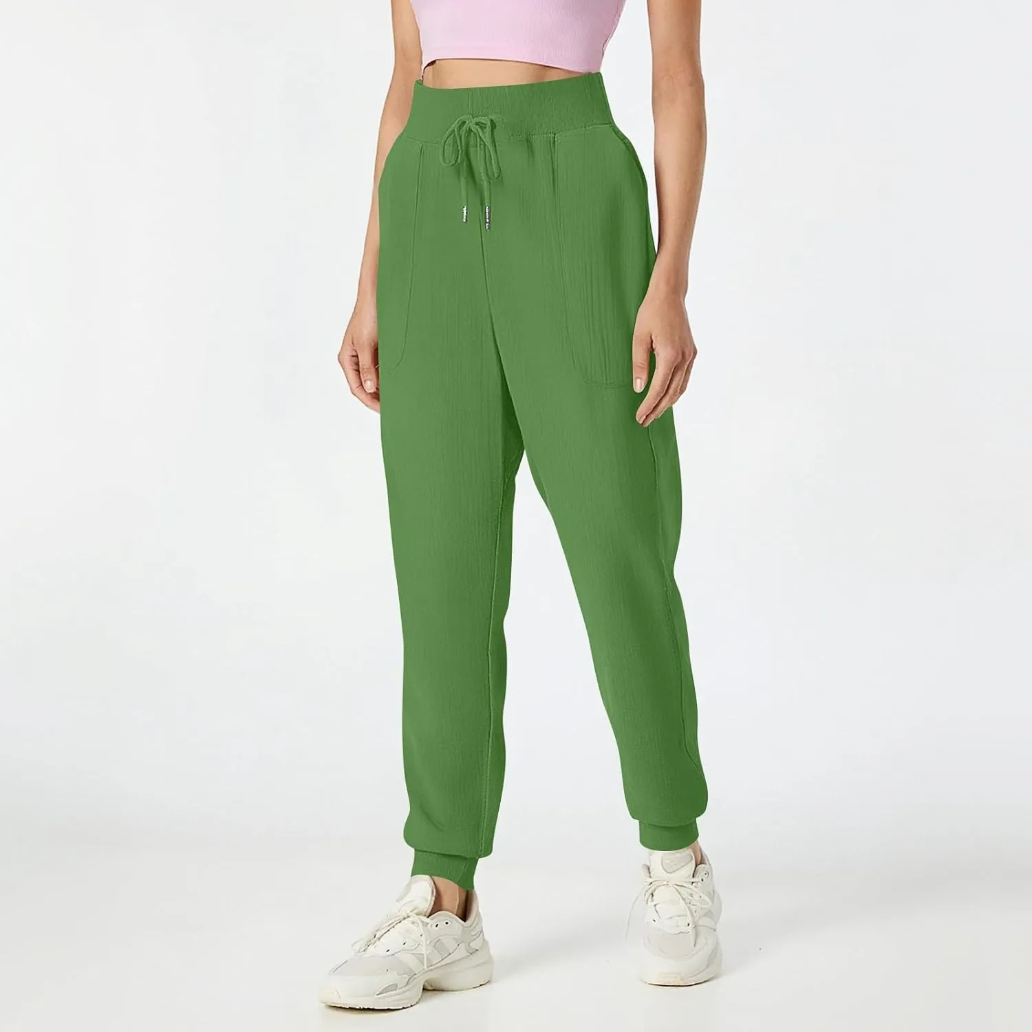 Cotton Linen Pants Women Drawstring High Waisted Tapered Joggers Pants Baggy Beach Travel Cinch Bottom Slacks Pockets