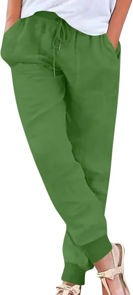 Cotton Linen Pants Women Drawstring High Waisted Tapered Joggers Pants Baggy Beach Travel Cinch Bottom Slacks Pockets
