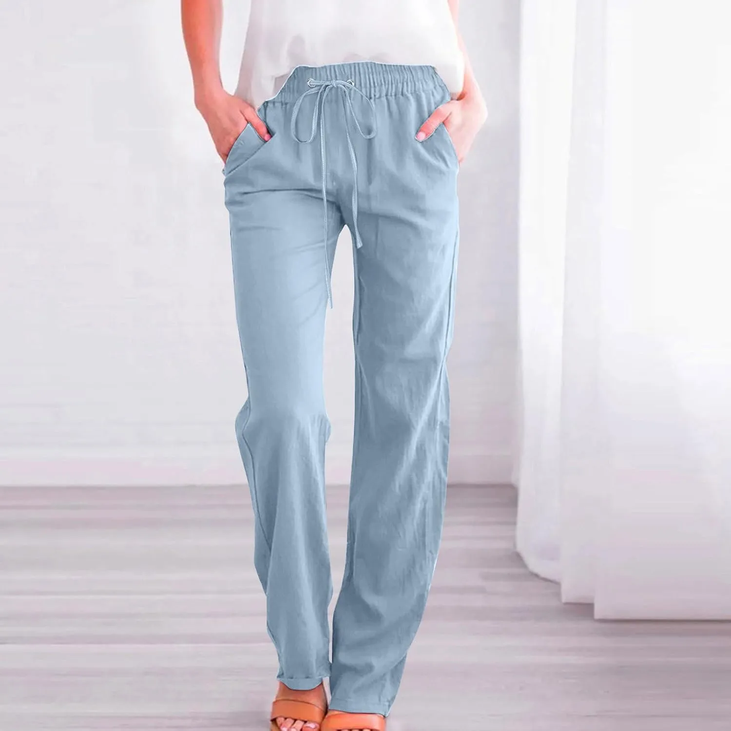 Cotton Linen Pants Women,Casual High Waist Drawstring Lounge Pants Loose Fit Pull on Straight Leg Pant with Pockets
