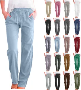 Cotton Linen Pants Women,Casual High Waist Drawstring Lounge Pants Loose Fit Pull on Straight Leg Pant with Pockets