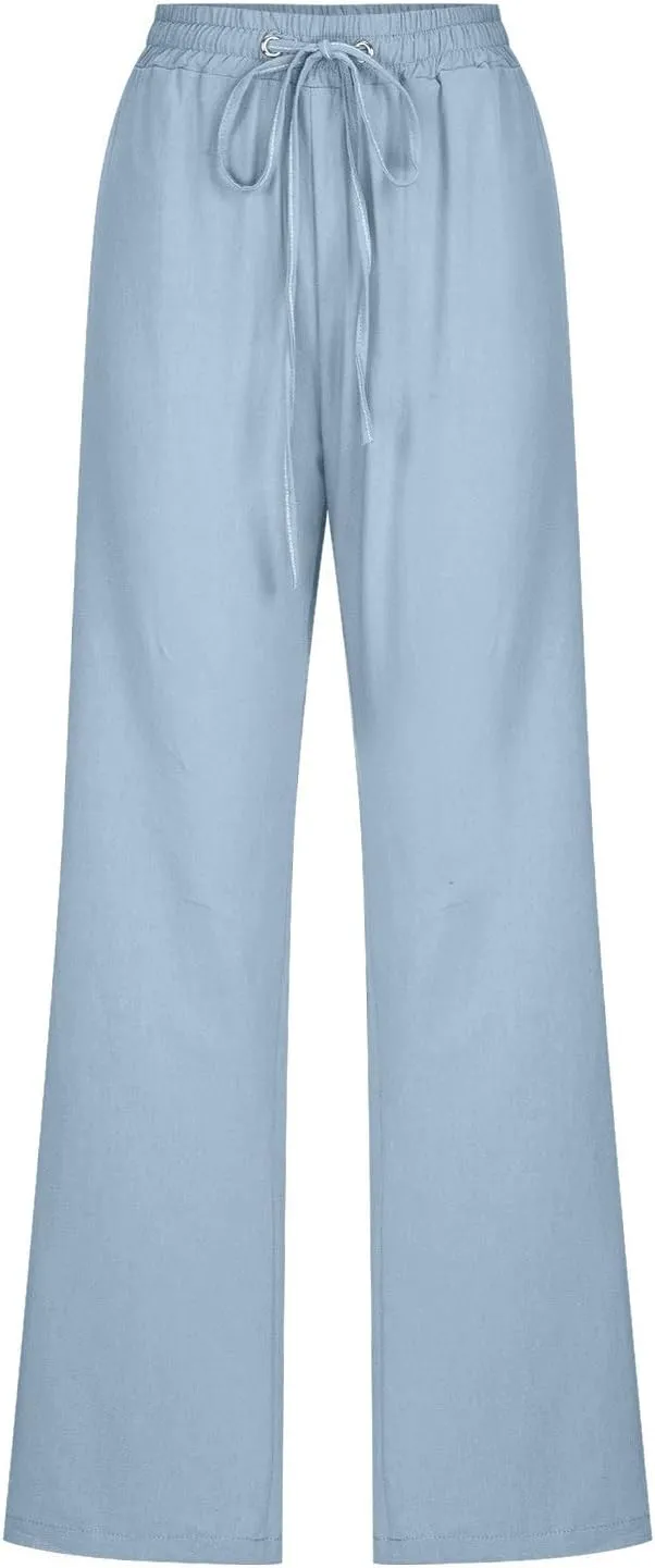 Cotton Linen Pants Women,Casual High Waist Drawstring Lounge Pants Loose Fit Pull on Straight Leg Pant with Pockets