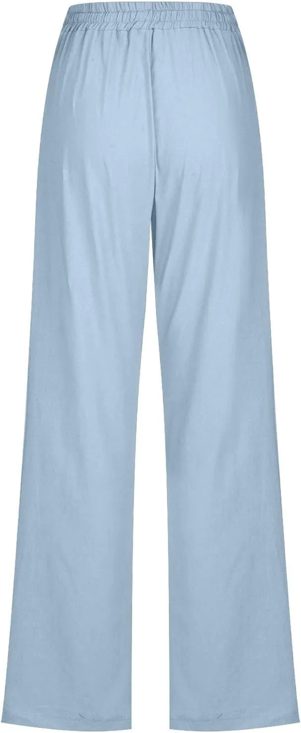 Cotton Linen Pants Women,Casual High Waist Drawstring Lounge Pants Loose Fit Pull on Straight Leg Pant with Pockets