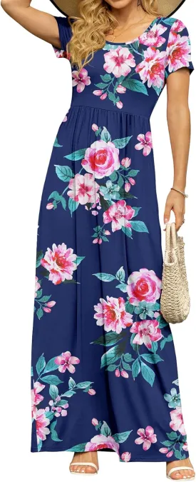 DB MOON Women's Short Sleeve Maxi Dresses Casual Empire Waist Long Dress with Pockets