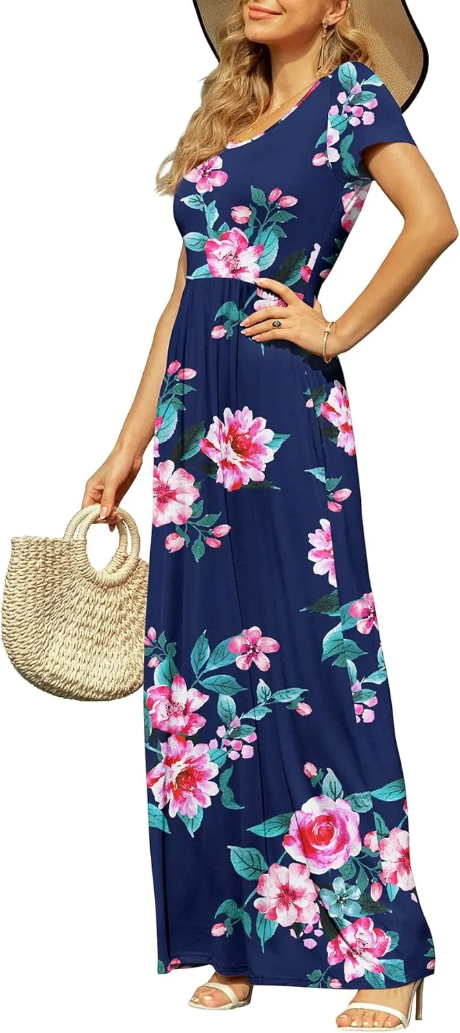 DB MOON Women's Short Sleeve Maxi Dresses Casual Empire Waist Long Dress with Pockets