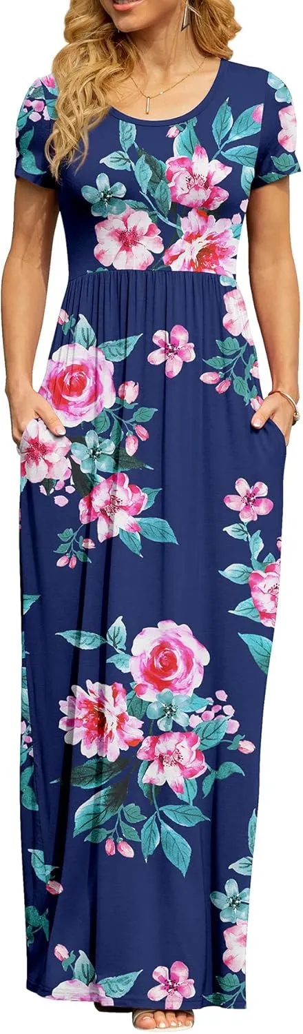 DB MOON Women's Short Sleeve Maxi Dresses Casual Empire Waist Long Dress with Pockets