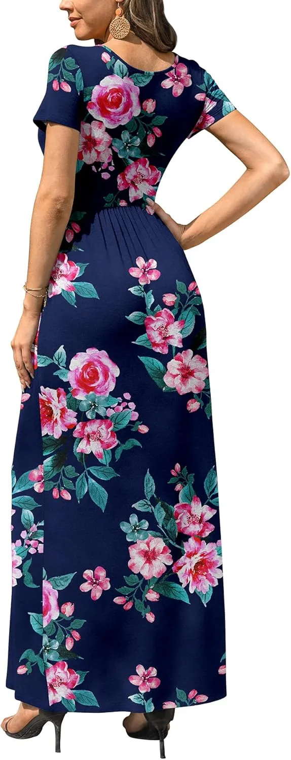 DB MOON Women's Short Sleeve Maxi Dresses Casual Empire Waist Long Dress with Pockets