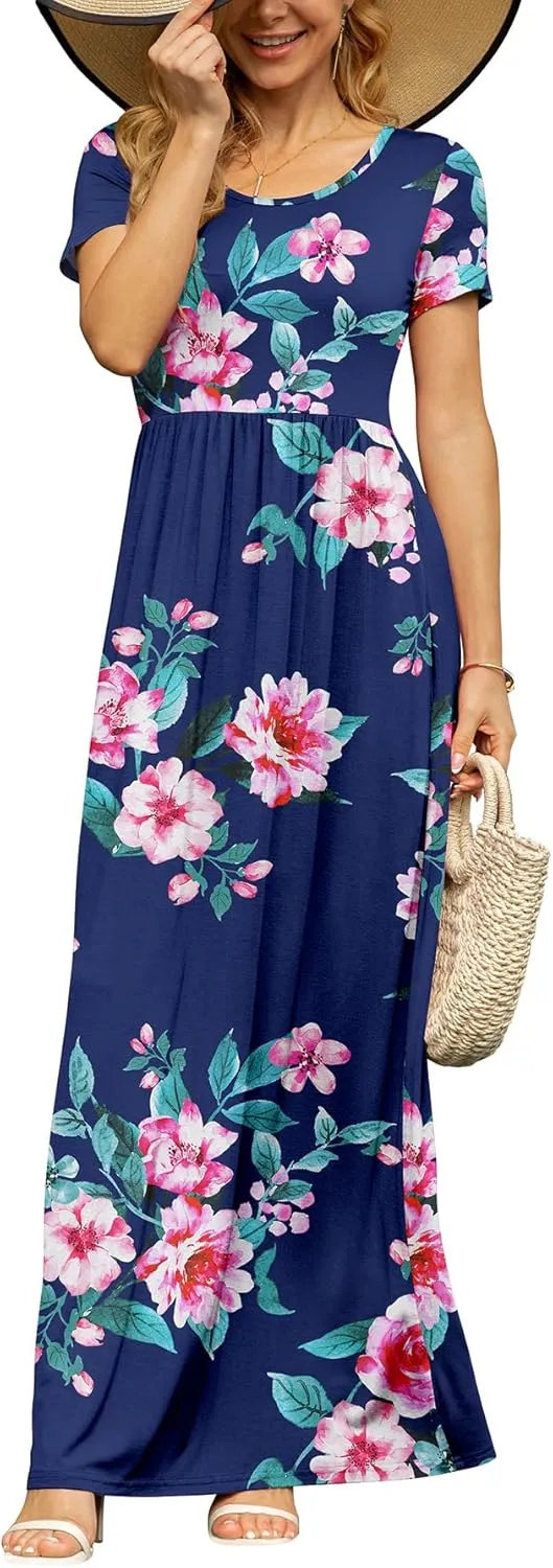 DB MOON Women's Short Sleeve Maxi Dresses Casual Empire Waist Long Dress with Pockets
