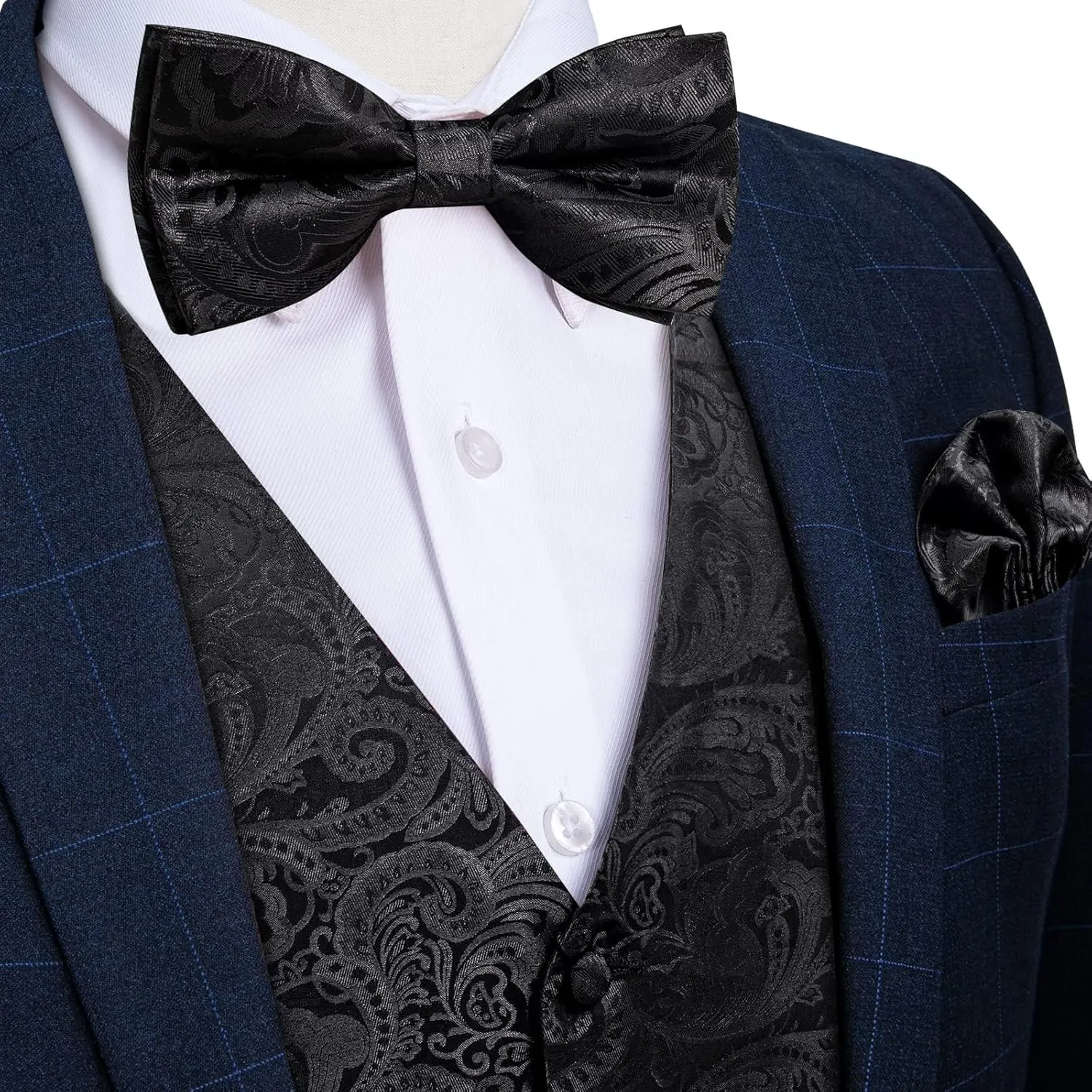 DiBanGu Mens Paisley Suit Waistcoat,Silk Dress Vest and Bowtie Pocket Square Cufflinks with Lapel Pin Set for Wedding Tuxedo