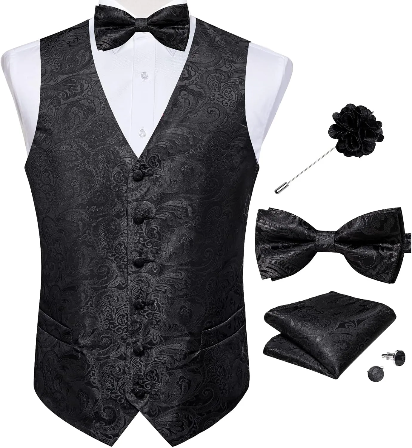 DiBanGu Mens Paisley Suit Waistcoat,Silk Dress Vest and Bowtie Pocket Square Cufflinks with Lapel Pin Set for Wedding Tuxedo