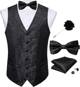 DiBanGu Mens Paisley Suit Waistcoat,Silk Dress Vest and Bowtie Pocket Square Cufflinks with Lapel Pin Set for Wedding Tuxedo
