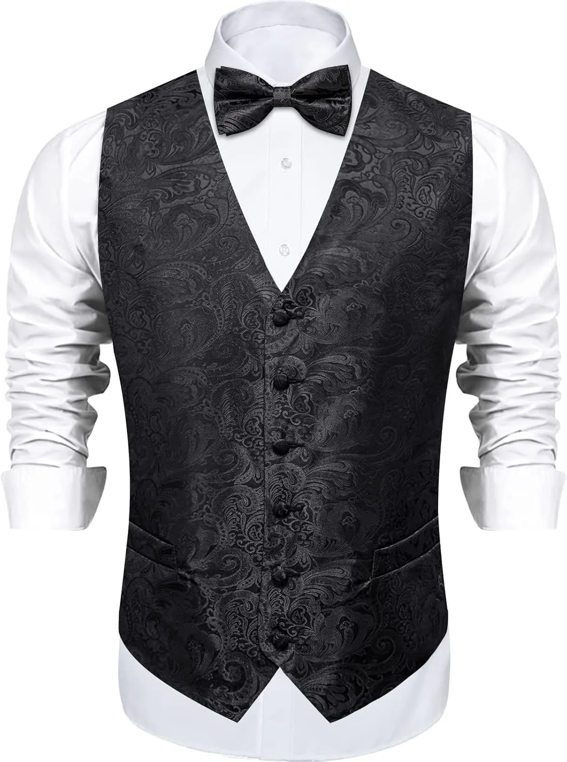 DiBanGu Mens Paisley Suit Waistcoat,Silk Dress Vest and Bowtie Pocket Square Cufflinks with Lapel Pin Set for Wedding Tuxedo