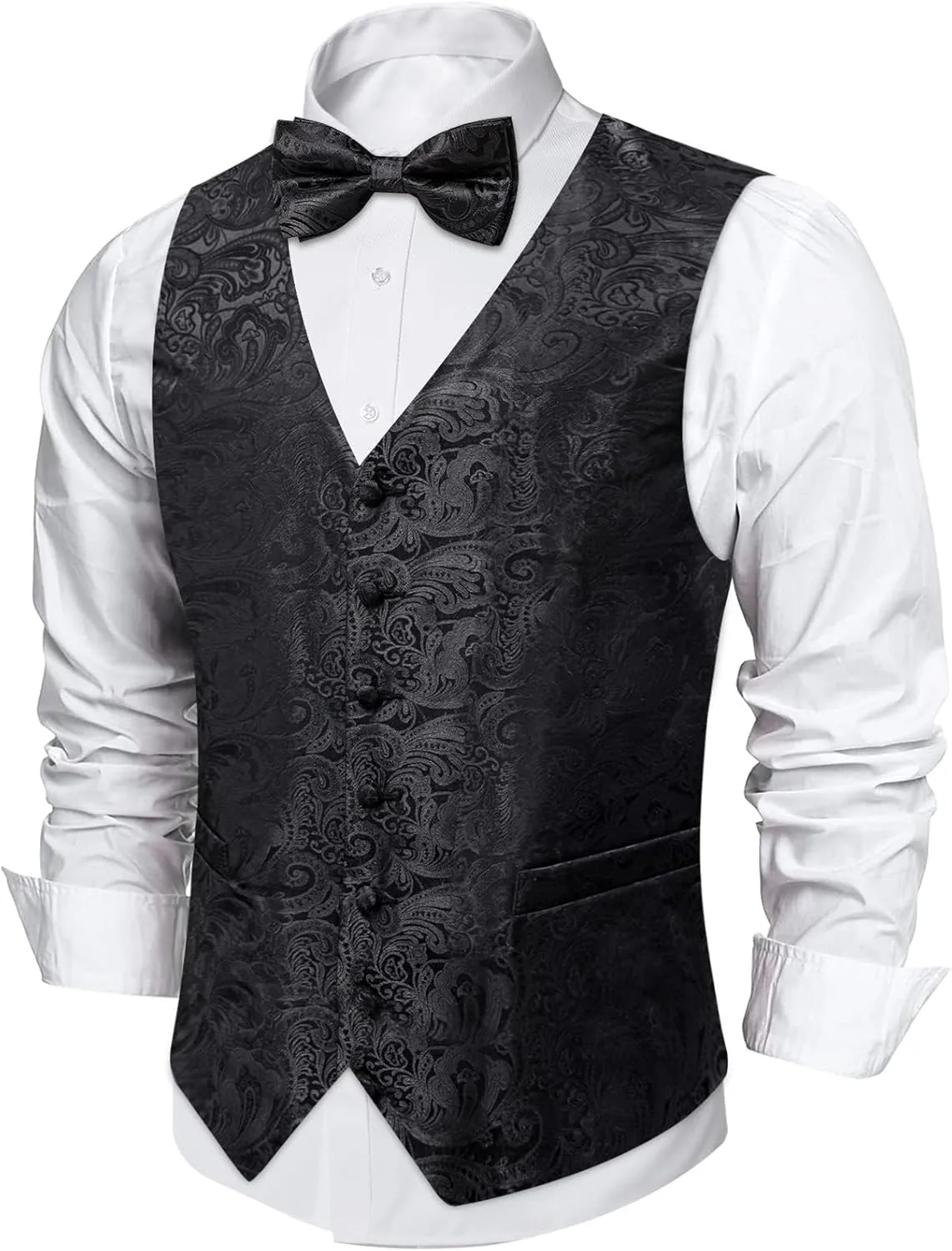DiBanGu Mens Paisley Suit Waistcoat,Silk Dress Vest and Bowtie Pocket Square Cufflinks with Lapel Pin Set for Wedding Tuxedo