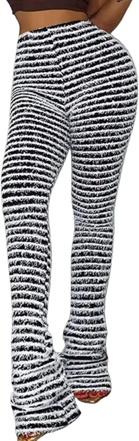 DINGANG Women Fuzzy Flare Stacked Pants, Zebra Black and White Striped High Waist Sweatpant, Knitted Pajama Legging Trendy