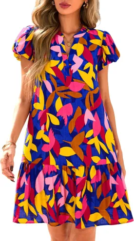dowerme Womens Summer Dresses 2025 Puffy Sleeve V Neck Loose Floral Print A Line Boho Mini Babydoll Dress with Pockets