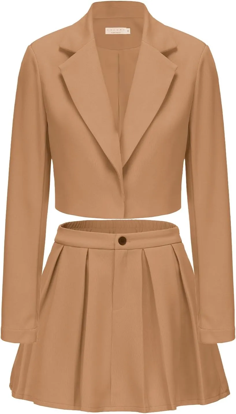 EXLURA Women's Business Casual Blazer Suit Sets and Pleated Mini Skirt 2 Piece Outfits Trendy Long Sleeve Y2K Clothes 2025