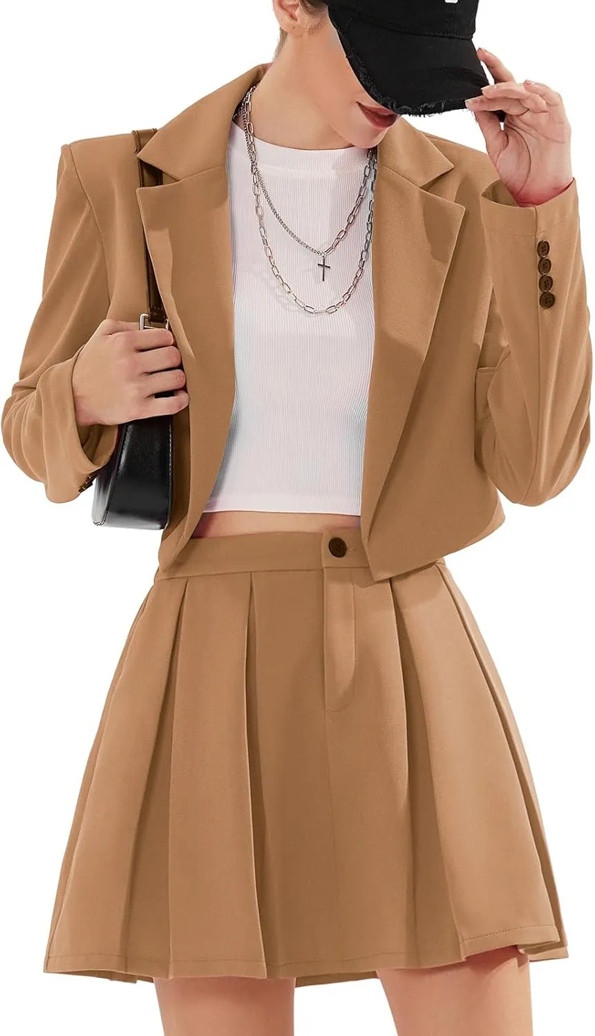 EXLURA Women's Business Casual Blazer Suit Sets and Pleated Mini Skirt 2 Piece Outfits Trendy Long Sleeve Y2K Clothes 2025