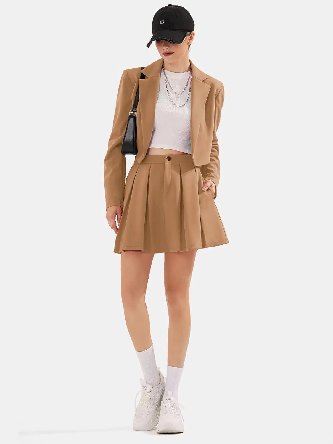 EXLURA Women's Business Casual Blazer Suit Sets and Pleated Mini Skirt 2 Piece Outfits Trendy Long Sleeve Y2K Clothes 2025