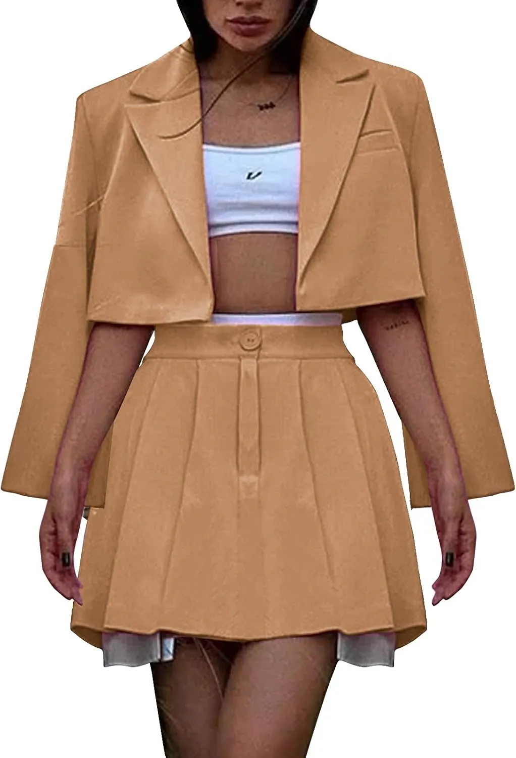 EXLURA Women's Business Casual Blazer Suit Sets and Pleated Mini Skirt 2 Piece Outfits Trendy Long Sleeve Y2K Clothes 2025