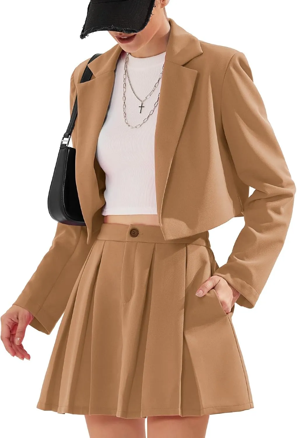 EXLURA Women's Business Casual Blazer Suit Sets and Pleated Mini Skirt 2 Piece Outfits Trendy Long Sleeve Y2K Clothes 2025