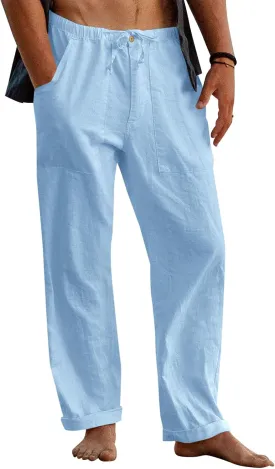 Gafeng Mens Linen Pants Yoga Beach Loose Fit Casual Summer Elastic Waist Drawstring Baggy Trousers with Pockets