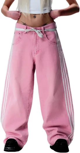 Giraropa Low Rise Jeans for Women Trendy Straight Leg Denim Pants Side Stripe Tie Bow Decor with Pocket Y2k Baggy Jeans