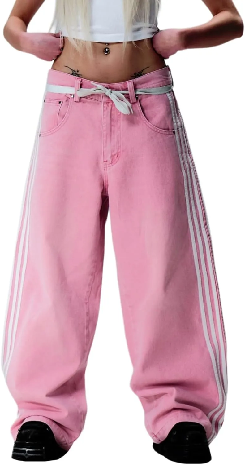 Giraropa Low Rise Jeans for Women Trendy Straight Leg Denim Pants Side Stripe Tie Bow Decor with Pocket Y2k Baggy Jeans