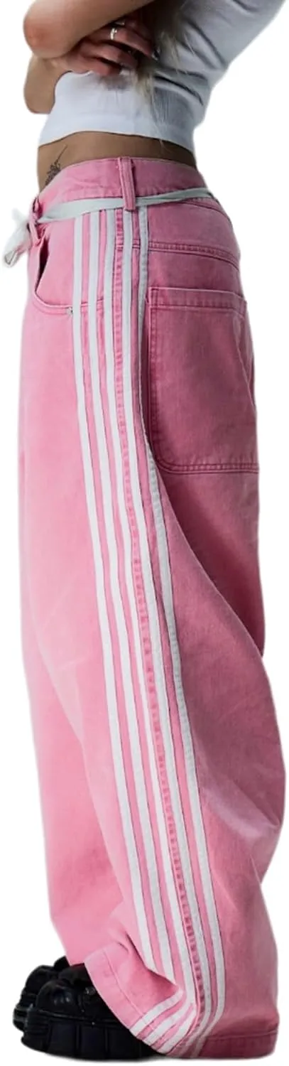 Giraropa Low Rise Jeans for Women Trendy Straight Leg Denim Pants Side Stripe Tie Bow Decor with Pocket Y2k Baggy Jeans