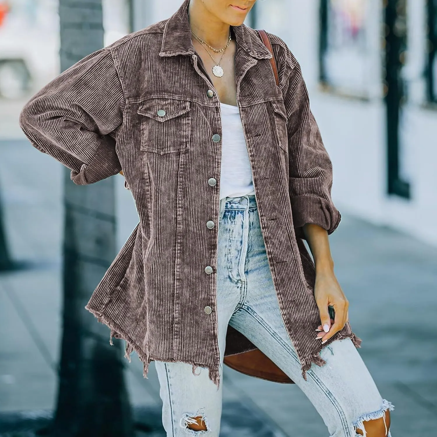Hixiaohe Women's Casual Oversized Button Down Corduroy Shirt Jacket Coat Washed Retro Shacket