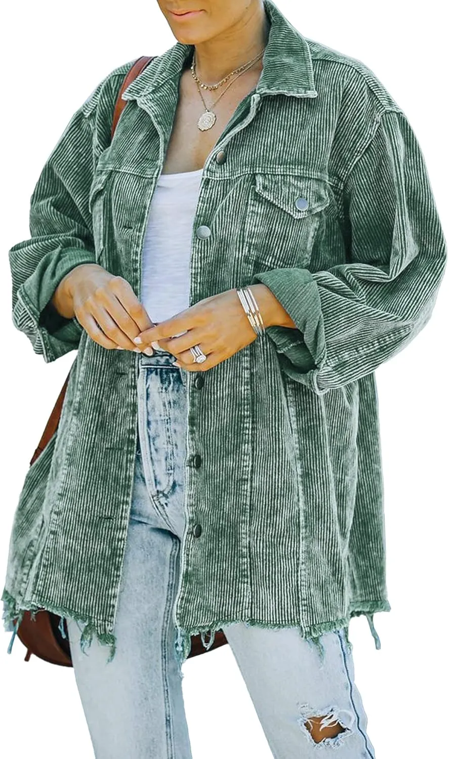 Hixiaohe Women's Casual Oversized Button Down Corduroy Shirt Jacket Coat Washed Retro Shacket