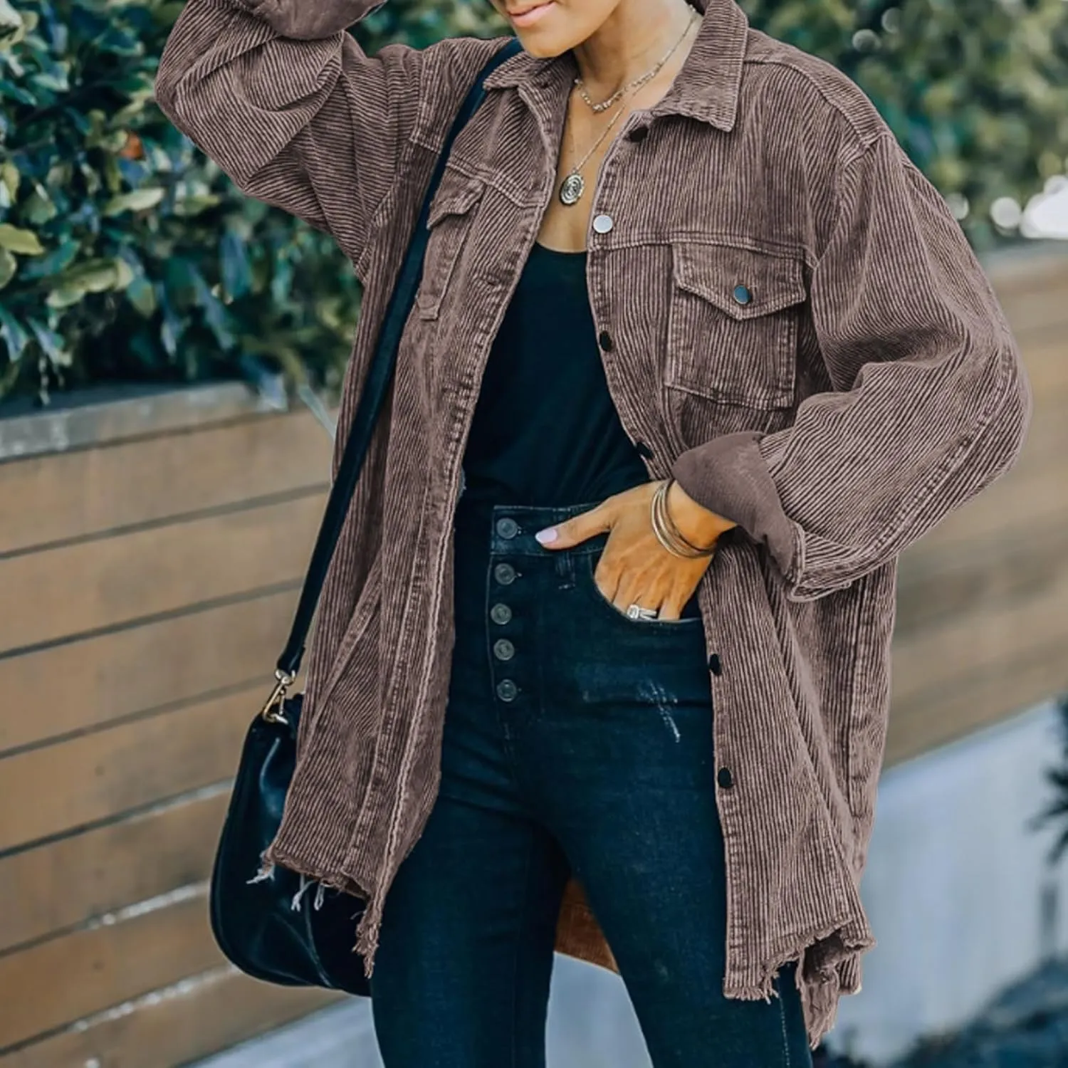 Hixiaohe Women's Casual Oversized Button Down Corduroy Shirt Jacket Coat Washed Retro Shacket