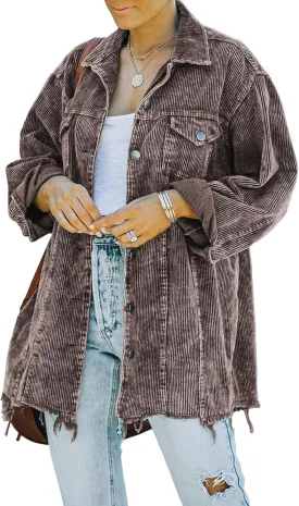 Hixiaohe Women's Casual Oversized Button Down Corduroy Shirt Jacket Coat Washed Retro Shacket